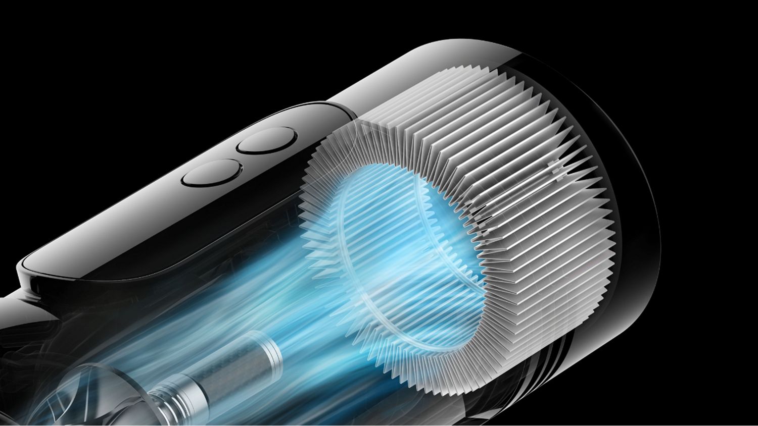 A cutaway showing the airflow inside a Dyson V8 Cyclone vacuum cleaner.